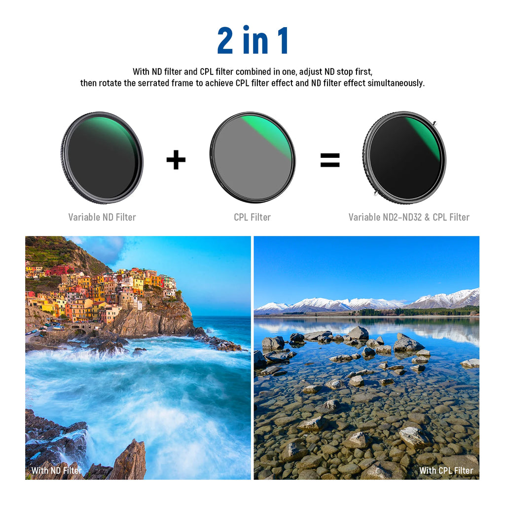 Filtro 2 en 1 ND Variable ND2–ND32 + CPL NEEWER 82 mm