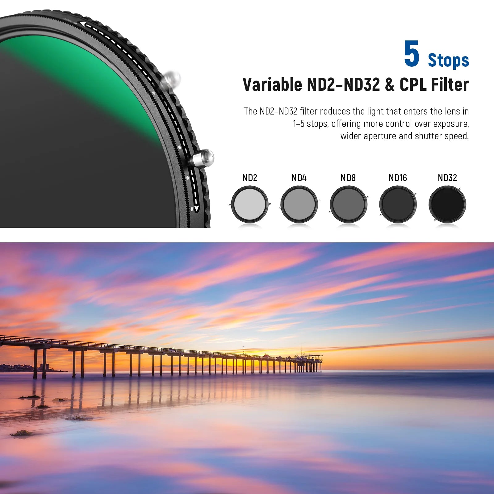 Filtro 2 en 1 ND Variable ND2–ND32 + CPL NEEWER 82 mm