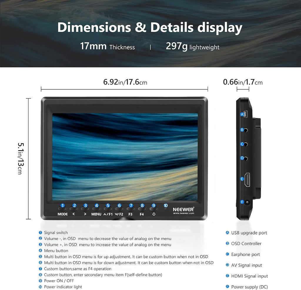 Monitor de Campo NEEWER F100 de 7" IPS HD con Batería Incluida