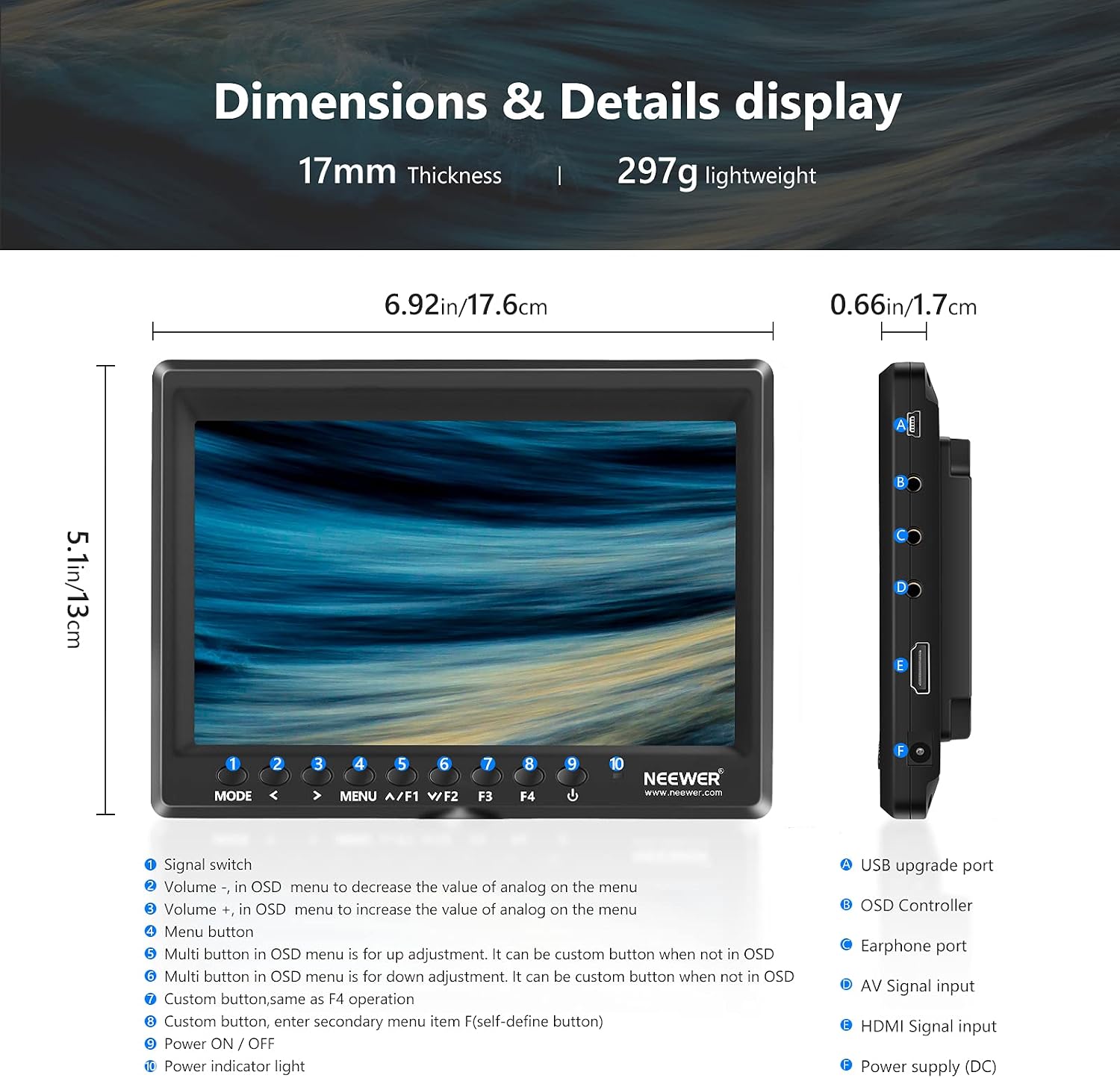 Monitor de Campo NEEWER F100 de 7" IPS HD con Batería Incluida